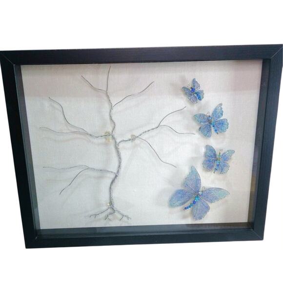 Whimsical Winged Butterflies Framed Art Hand Crafted Wire Tree 15x12 Blue Morpho - Picture 1 of 15